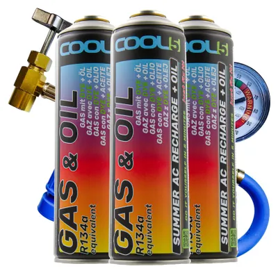 Immagine prodotto di Kit di refrigerante per climatizzatori, composto da 3 unità 2-in-1, più tubo di ricarica compatibile con Cool5 R134a (ricambio)