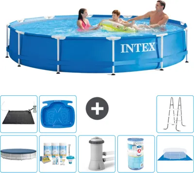 Produktbild von Intex-Schwimmbecken mit rundem Rahmen – 366 x 76 cm – Blau – im Lieferumfang enthalten Abdeckung - Wartungspaket - Filterpumpe für Schwimmbad - Filter - Bodenplane - Solarmatte