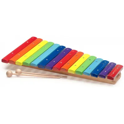 A colorful xylophone with two mallets on a white background.