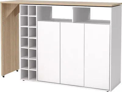 Produktbild von Barschrank mit Schiebeplatte und Ablagefächern - Weiß und Natur - VINALO