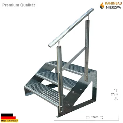 A galvanized steel staircase with a handrail, shown against a white background with dimensions indicated.