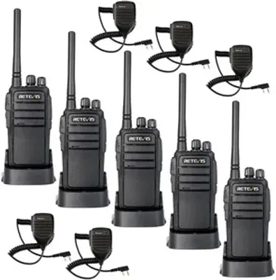 A set of black Retevis RT21 walkie-talkies with microphones and charging bases, arranged on a white background.