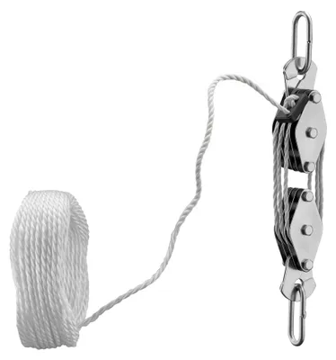 Produktbild von XPOtool Flaschenzug bis 180 kg mit 20 m Nylonseil, Seilzug mit Umlenkrolle und Sicherungsringe, Handseilwinde bis 3 m Hubhöhe, Handseilzug 6:1