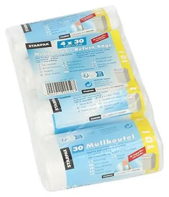 Produktbild von Papstar Müllbeutel mit Tragegriffen, HDPE 10 l 42 cm x 39,5 cm transparent, 12 x (4 x 30 Stück)