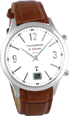 A close-up studio shot of a men's wristwatch with a white face, silver casing, and a brown leather strap.
