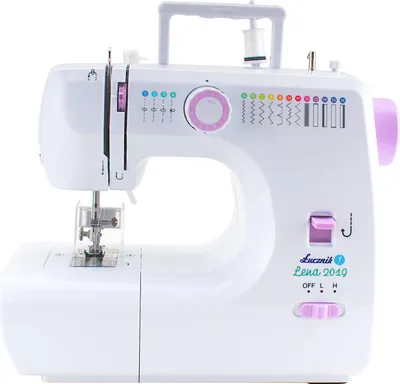 Obrázek produktu pro Lucznik LENA 2019, růžová, bílá, poloautomatický šicí stroj, šití, 4 kroky, 5 mm, otočný ovladač, posuvník