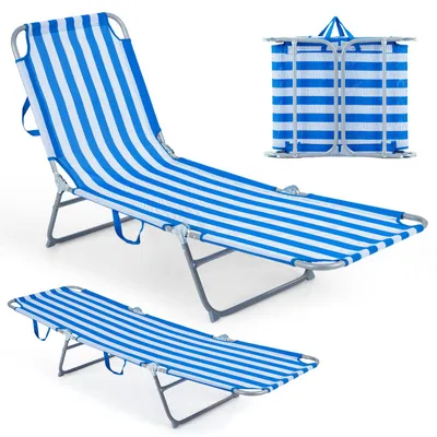 Zdjęcie produktu dla Leżak plażowy składany, lekki, z regulowanym oparciem i podnóżkiem oraz uchwytem do przenoszenia, przenośny leżak ogrodowy, wytrzymujący obciążenie do 150 kg, kolor niebieski i biały