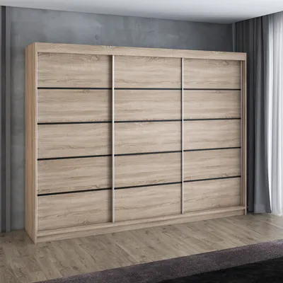 Produktbild von Schwebetürenschrank, 3-türig Schrank 200 cm mit 4 Schubladen, Retrostil  Premium! Moderne Garderobe für Kleidung. Verschiedene Farben (Weiß, Schwarz, Somona) Kleiderschrank FLIX