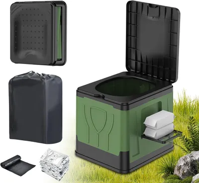 Immagine prodotto di WC pieghevole per campeggio - Toilette portatile - Igiene per esterni - Resistente fino a 150 kg - Dimensioni: 36,5 x 31,5 x 32,5 cm - Colore: verde militare