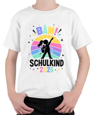 Immagine prodotto di Maglietta per bambini "Bäm Schulkind 2026", per bambine che iniziano la scuola, con motivo arcobaleno, ideale per il primo giorno di scuola, taglia 152, colore bianco