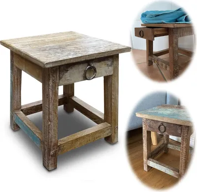 A collage of images showing a vintage wooden side table with a drawer.