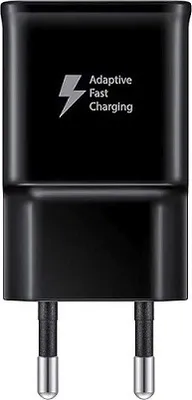 A black Samsung fast charging adapter with the 'Adaptive Fast Charging' logo and lightning bolt symbol.