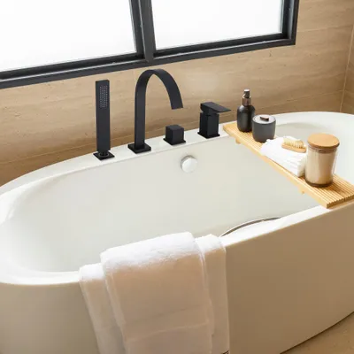 Produktbild von Homelody Badewannenarmatur 4 Loch Schwarz, Badewanne wasserhahn Duschset mit Armatur Handbrause Wasserfall Wannenarmatur