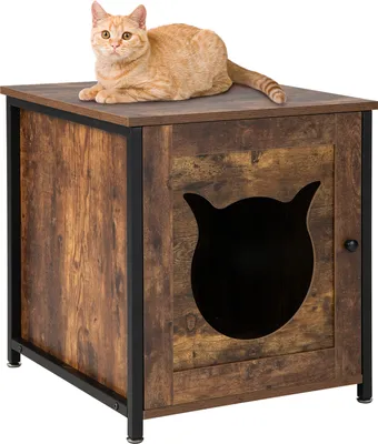 A cat sits on top of a wooden cat litter box enclosure with a black metal frame.