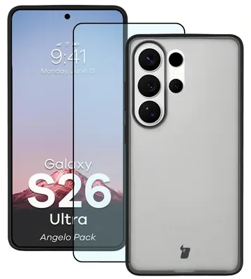 Produktbild von Schutzhülle + gehärtetem Glas Bizon Angelo Pack für Galaxy S26 Ultra, Getönte mit schwarzem Rahmen