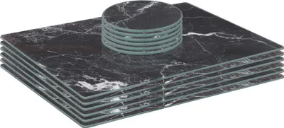 Produktbild von Harbour Housewares 12-teiliges Set aus Glas-Tischsets und runden Untersetzern – 30 x 20 cm – Schwarzer Marmor-Effekt