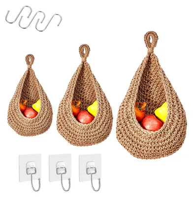 Produktbild von Hängekorb Obstkorb Obstschale - Baumwollkordel - 3 Stück - Wandmontage mit Haken - Küche