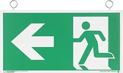 Produktbild von notlok Safety Work - 1x - Evakuierungsschild - Hängend - links (links) - 30x15cm | PVC Platte für Aufhängung | Notausgangsschild Nachleuchtend