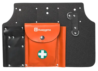 A close-up view of a tool belt with attached pouches.