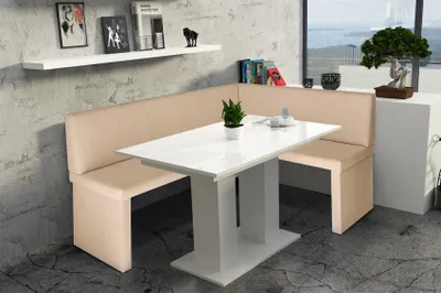 Produktbild von Eckbankgruppe 168x128 cm ROBIN L Creme / Esstisch DANTE Weiss HGL