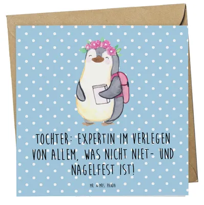 Produktbild von Mr. & Mrs. Panda Grußkarte Tochter Expertin - Blau Pastell - Geschenk, Liebenswert, anlasskarte, doppelkarte, faltkarte, Liebe, Einfallsreichtum, Humor, Familie, Freude