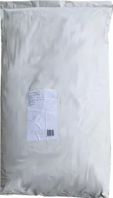 A large white bag of product with a label and barcode.