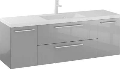 Produktbild von Rosen 140.2 cm Badezimmerschrank in Grau Hochglanz mit Waschbecken und Weißen matten Griffen - Zeitloses Design