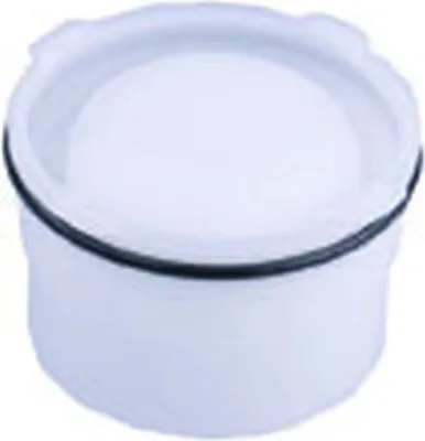 A close-up, isolated shot of a white plumbing component with a black rubber seal.
