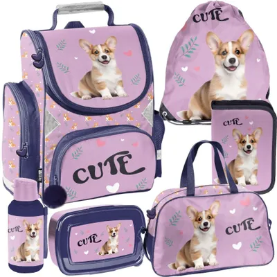 Produktbild von Schulranzen 6-tlg. Set für Mädchen & Jungen hund CORGI – Paso Ranzen, Mäppchen, Tasche, Flasche, Frühstückstasche DOG