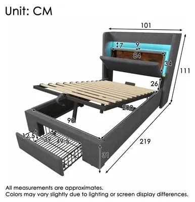 Produktbild von Polsterbett 90 x 200 cm mit hydraulischem Stauraum, Kopfteil mit Aufbewahrungsfach, LED, USB, USB-C, Leinen, Grau