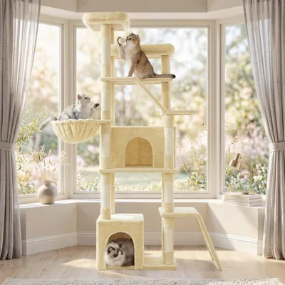 Produktbild von FEANDREA Kletterbaum für Katzen, extra groß, stabiler Katzenkratzbaum mit Kratzsäulen, Plüsch, für große Katzen, beige