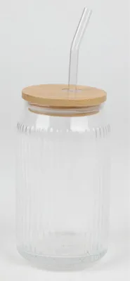 Produktbild von 12x Glas Trinkbecher 450ml mit Bambusdeckel und Trinkhalm umweltfreundlich ideal für Säfte, Eistee oder Kaffee für Zuhause, Büro oder unterwegs