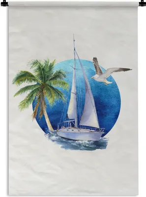 Produktbild von MuchoWow® Wandteppich Wandbehang Segelboot - Meer - Aquarell 90x135 cm Tapisserie Dekoration Wandtuch - Baumwolle - Wandskulptur
