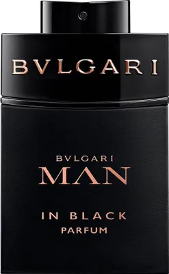 A product shot of a black Bvlgari Man In Black Parfum bottle.