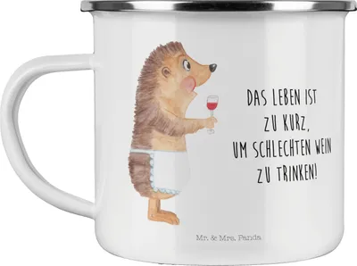 Produktbild von Mr. & Mrs. Panda Haferl Igel Wein - Weiß - Geschenk, Pott, Emaille Becher, Lustige Sprüche, Teetasse, Weinliebhaber, Motivtasse, Rotwein, Spruch, Weißwein, Tasse