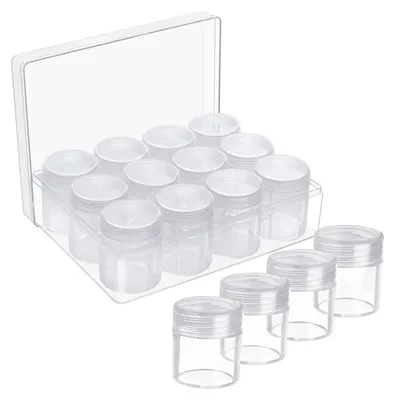 A clear plastic storage box with 12 small, clear, screw-top containers inside, and four additional containers are placed in front of the box.