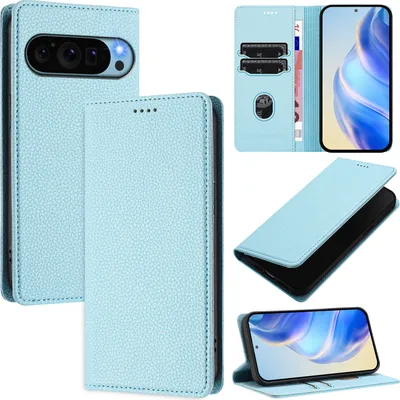 Produktbild von Litchi Leder Handyhülle für Google Pixel 10 Pro XL Wallet Kartenfächer Standfunktion Hülle Hellblau