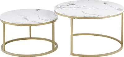 Two round coffee tables with marble-like tops and gold metal frames are shown against a white background.