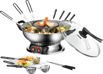 Das Unold Asia-Fondue umfasst einen elektrischen Fonduetopf aus Edelstahl mit Glasdeckel, sechs farb