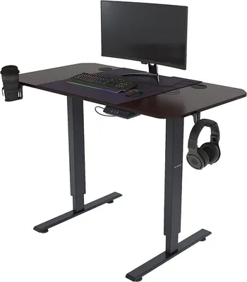 Obrázok produktu pre Polohovateľný hráčsky stôl Elektricky výškovo nastaviteľný kancelársky stôl Ergonomický stôl s oceľovými nohami Dotykový displej Pamäťová funkcia Háčik na slúchadlá Držiak na nápoje , Farba: Čierna, Veľkosť: 110 x 60 cm