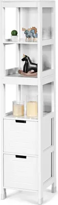 Produktbild von Hochschrank Badschrank Holz, Badregal Badezimmerschrank mit Ablage und Schubladen, Weiß