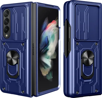 Produktbild von Samsung Galaxy Z Fold4 Hülle, Schiebe Kamera Abdeckung, Robust Stoßfeste Schutzhülle mit Ring Ständer für Samsung Galaxy Z Fold 4 5G Blau