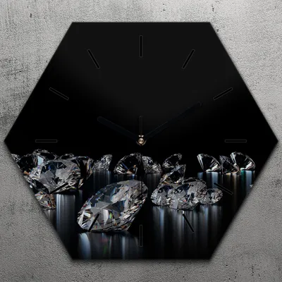 Produktbild von Uhr hexagonal 40 cm Glas Geräuschlos schwarze Zeiger - Diamanten Edelsteine