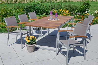 Produktbild von Merxx 7ks Naxos set - 6 stohovatelných křesel, 1 rozkládací stůl - barva: stříbrná/hnědá - rozměry: křeslo: 59x59x85 stůl: 150/200 x90x74 cm; 6x 22000-309 + 1x 22004-219