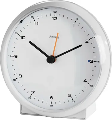 A white analog alarm clock with black hands and orange second hand, set against a white background.