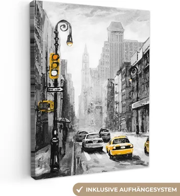 Produktbild von MuchoWow® - Leinwandbilder - Gemälde - Ölfarbe - Stadt - Auto, Wandbild, Wanddeko Bilder Wohnzimmer, 60x80 cm