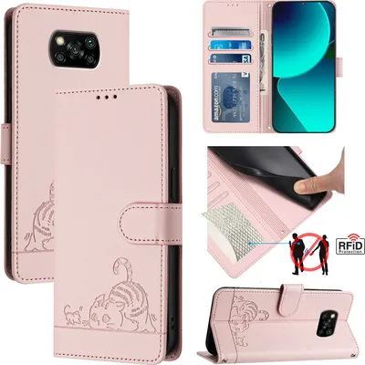 Produktbild von Leder Hülle für Xiaomi Poco X3 NFC / X3 Pro Süße Katze Flip Case Brieftasche Schutzhülle mit Standfunktion Pink