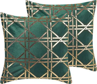 Obrázek produktu pro BELIANI Sada 2 dekorativních polštářů tmavě zelený diamant geometrický vzor 45 x 45 cm fólie tisk glamour dekor příslušenství