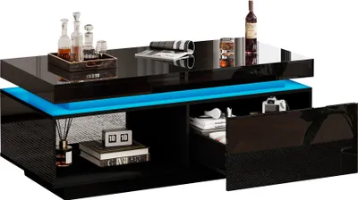 Produktbild von Sweiko Moderner Hochglanz-Couchtisch mit LED-Beleuchtung, 100x50x40,3 cm – Eleganter Tisch mit Schublade und 50 kg Tragkraft