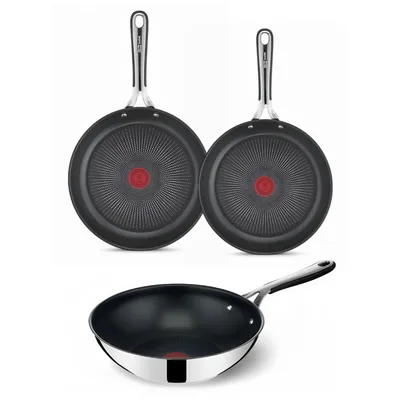 Produktbild von Tefal Jamie Oliver Kitchen Essentials Pfannen Set - Bratpfannen Ø24/28 cm + Wokpfanne Ø28 cm - Edelstahl - Silikongriff - Induktion